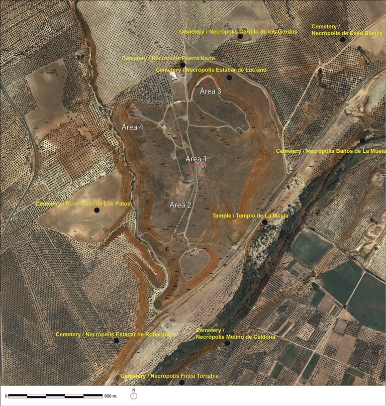 Localización de las principales áreas y necrópolis de Cástulo